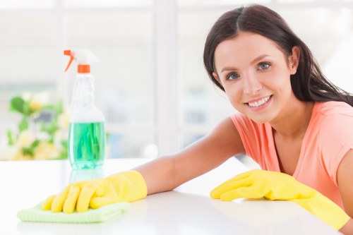 Commercial cleaning team maintaining a professional office lobby