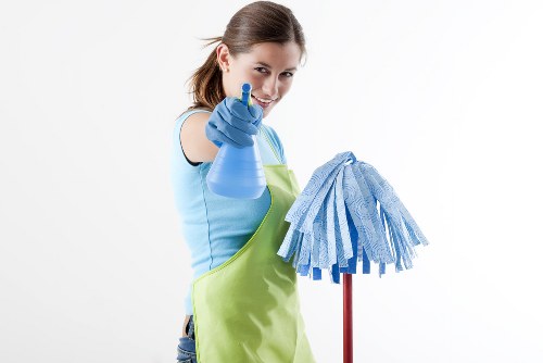 Office cleaning in a modern workspace reception area
